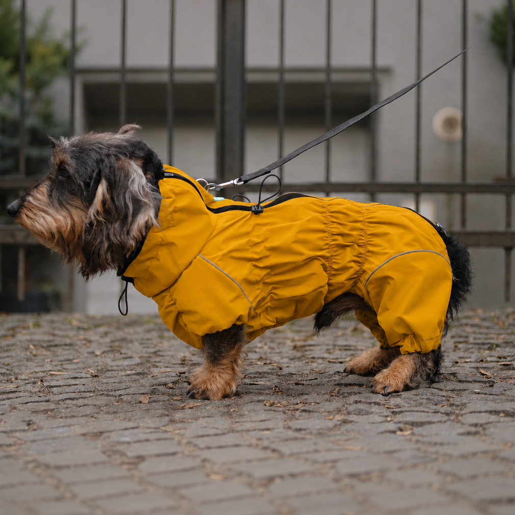 Dachshund Raincoat Mustard | Waterproof Zip Full-Body Dog Rain Suit