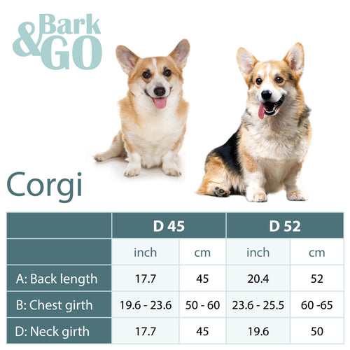 Bark&Go size chart for corgis, sizes D45 and D52