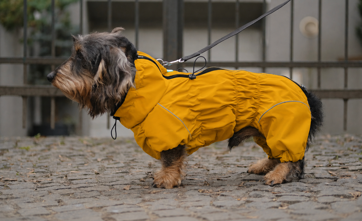 Dachshund Raincoat Mustard | Waterproof Zip Full-Body Dog Rain Suit
