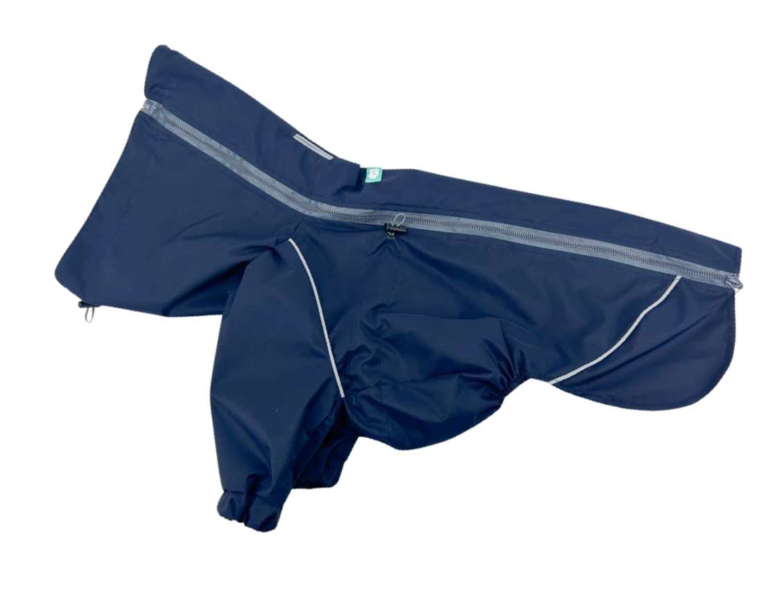 Navy dog rain jacket laid flat, full-length grey back zip, reflective piping, front sleeves and no hind legs