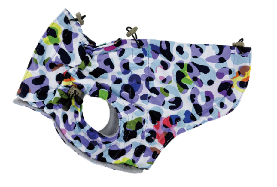 Pretty Wild dog vest in a multicoloured leopard print, purple, blue, black and lime, with drawcords at the neck, chest, back and armholes