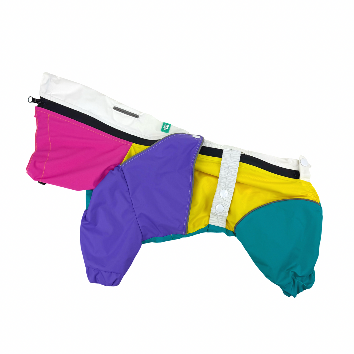 Rewind dog raincoat from the side: pink hood, white panel, purple and teal legs