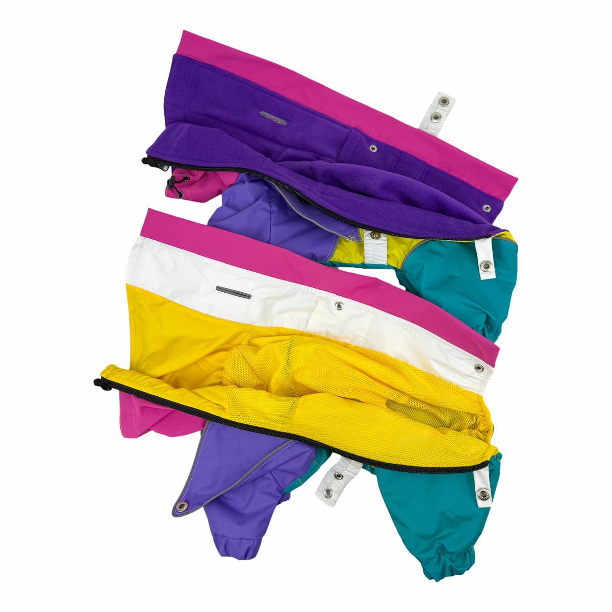 Two Rewind raincoats opened out, one lined with purple fleece and one with yellow mesh