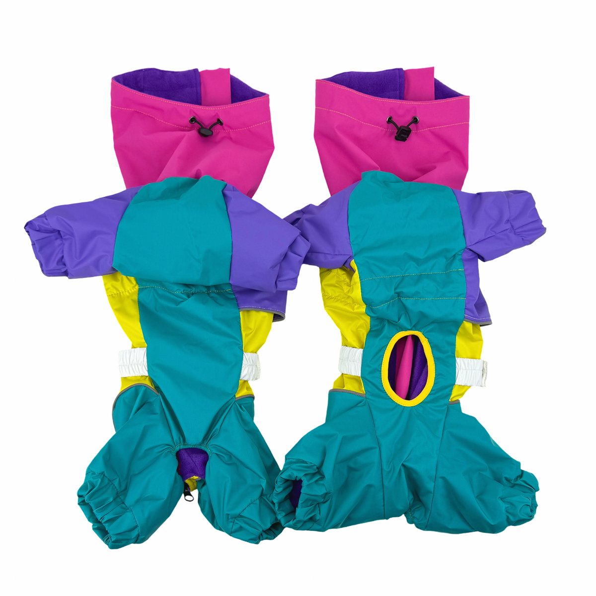 Two Rewind raincoats from the back, showing the yellow-bound harness opening on the spine