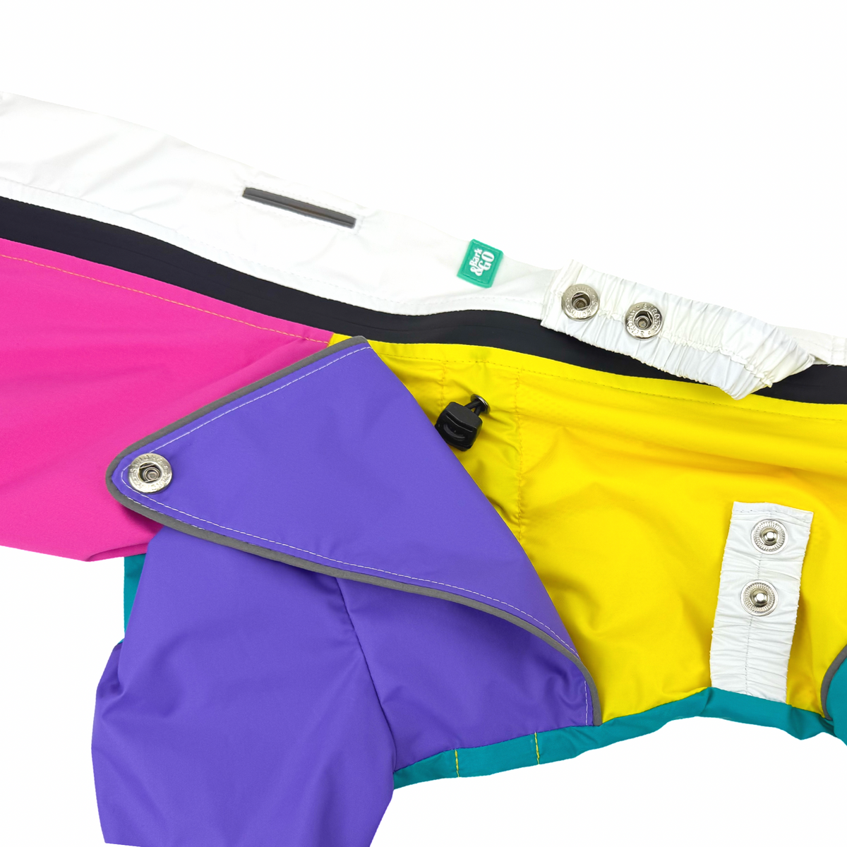 Close-up of the snap-down flap, cord lock and waist belt on the Rewind raincoat
