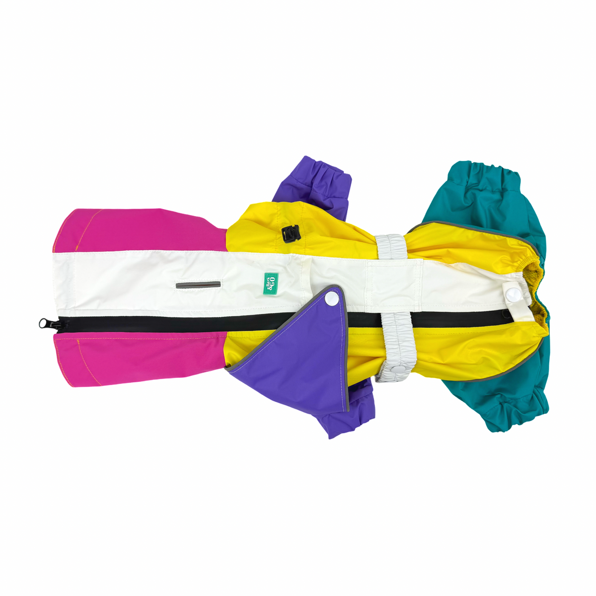 Rewind dog raincoat laid flat with the white waist belt and the Bark&Go label