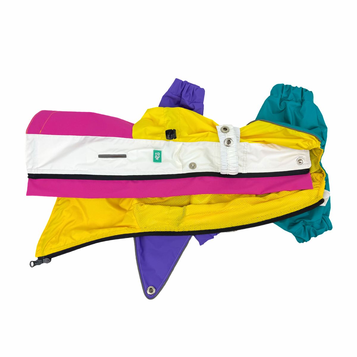 Rewind raincoat opened along the zip, yellow mesh lining inside