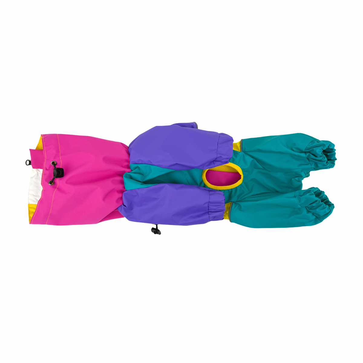 Rewind dog raincoat seen from above, all four legs and the full colour blocking