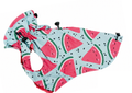 Sweet Watermelon dog vest, pink watermelon slices on a mint blue ground, with drawcords at the neck, chest, back and armholes