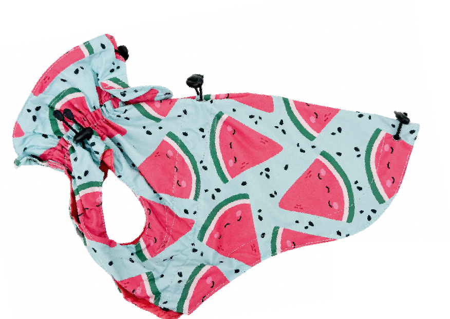 Sweet Watermelon dog vest, pink watermelon slices on a mint blue ground, with drawcords at the neck, chest, back and armholes