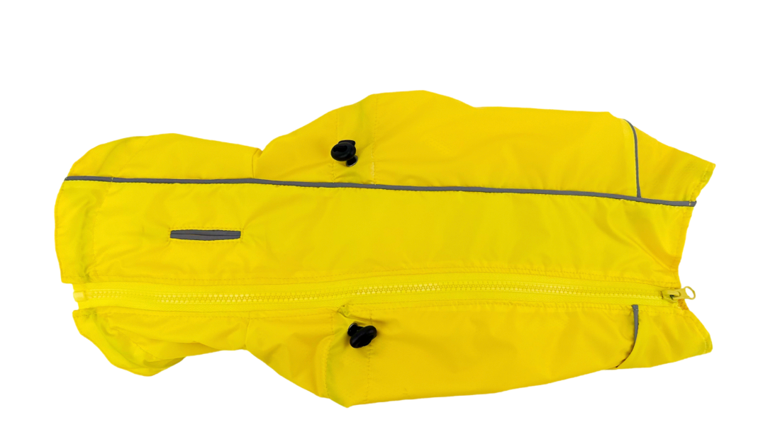 Yellow dog rain jacket seen from above with the full-length back zip closed and reflective piping