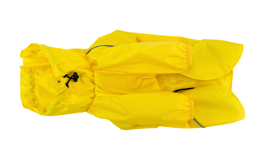 Yellow dog rain jacket laid flat, front view with the collar drawcord and stopper