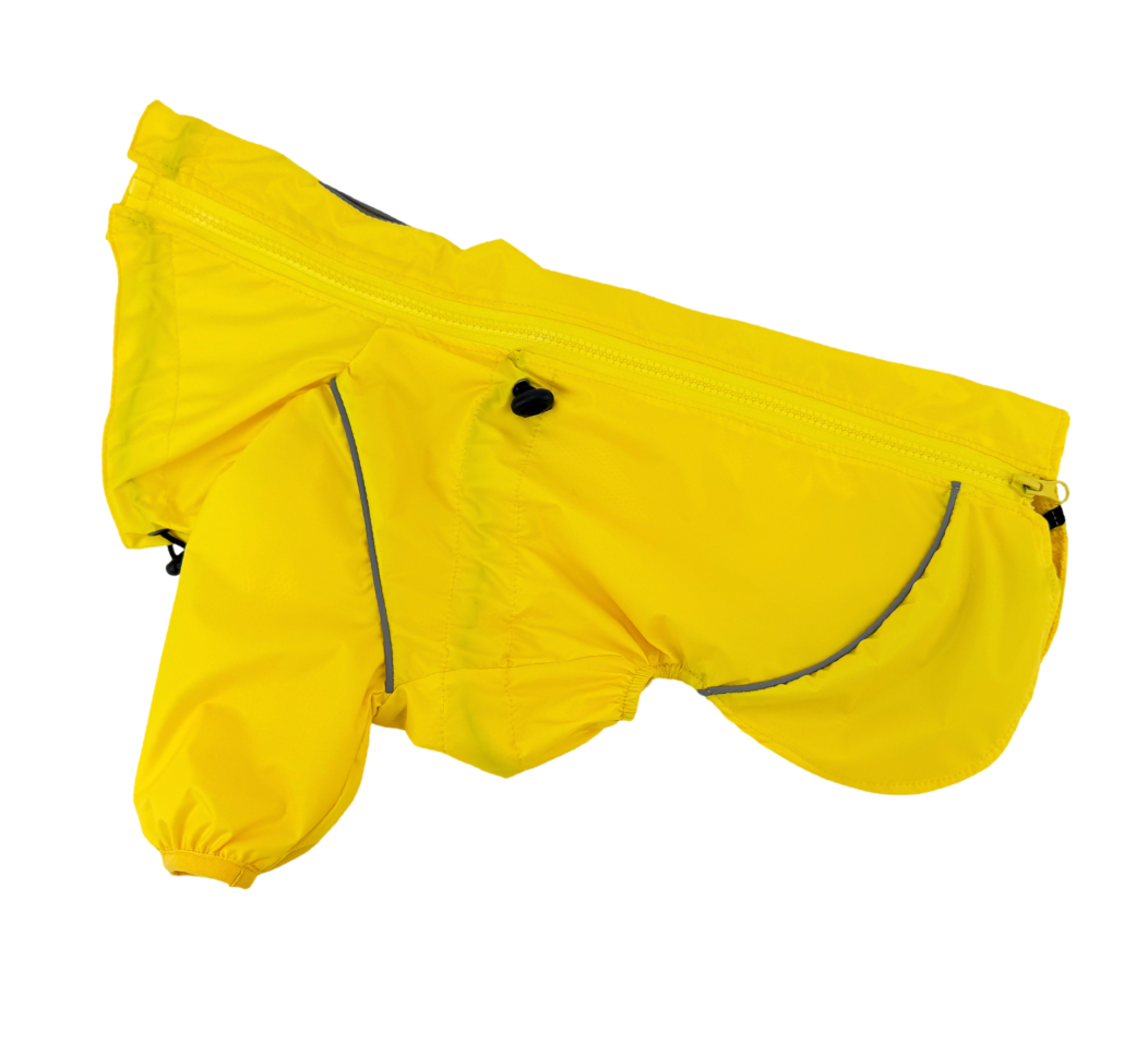 Yellow dog rain jacket from the side, front sleeves and curved back hem, no hind legs