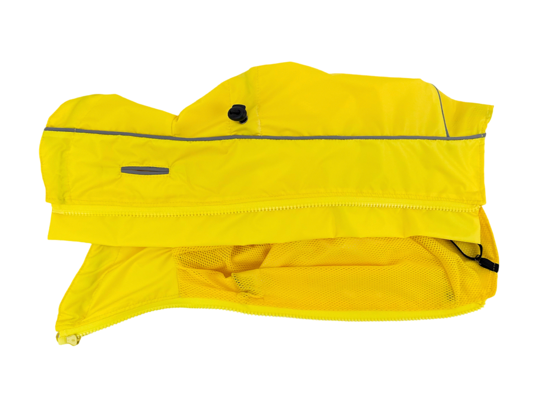 Yellow dog rain jacket opened out, showing the yellow mesh lining inside